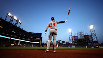 SAN FRANCISCO, CA - APRIL 23: Bryce Harper #34 of the Washington Nationals warms up on the on-deck circle before hitting in the third inning against the San Francisco Giants at AT&T Park on April 23, 2018 in San Francisco, California. (Photo by Ezra Shaw/Getty Images)
