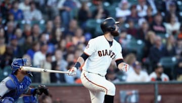 SAN FRANCISCO, CA - JULY 10: Brandon Belt #9 of the San Francisco Giants bats against the Chicago Cubs in the first inning at AT&T Park on July 10, 2018 in San Francisco, California. (Photo by Ezra Shaw/Getty Images)