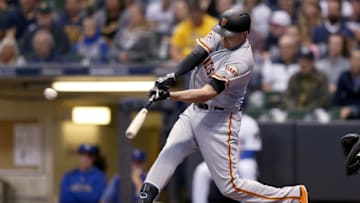 MILWAUKEE, WI - SEPTEMBER 08: Ryder Jones #14 of the San Francisco Giants hits a home run in the eighth inning against the Milwaukee Brewers at Miller Park on September 8, 2018 in Milwaukee, Wisconsin. (Photo by Dylan Buell/Getty Images)