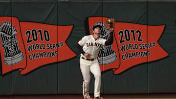 SAN FRANCISCO, CA - SEPTEMBER 26: Chris Shaw #26 of the San Francisco Giants catches a fly ball against the San Diego Padres in the top of the first inning at AT&T Park on September 26, 2018 in San Francisco, California. (Photo by Thearon W. Henderson/Getty Images)