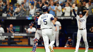 ST PETERSBURG, FLORIDA - OCTOBER 07: Matt Duffy #5 of the Tampa Bay Rays scores a run against the Houston Astros during the fourth inning in Game Three of the American League Division Series at Tropicana Field on October 07, 2019 in St Petersburg, Florida. (Photo by Julio Aguilar/Getty Images)