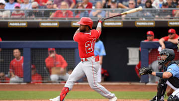 PEORIA, ARIZONA - MARCH 10: Arismendy Alcantara #20 of the Los Angeles Angels follows through on a swing during a spring training game against the Seattle Mariners at Peoria Stadium on March 10, 2020 in Peoria, Arizona. (Photo by Norm Hall/Getty Images)