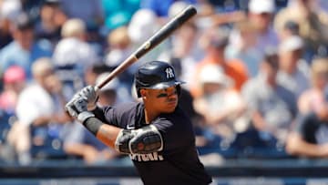 WEST PALM BEACH, FLORIDA - MARCH 12: Thairo Estrada #71 of the New York Yankees at bat against the Washington Nationals during a Grapefruit League spring training game at FITTEAM Ballpark of The Palm Beaches on March 12, 2020 in West Palm Beach, Florida. (Photo by Michael Reaves/Getty Images)