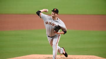 SAN DIEGO, CA - SEPTEMBER 10: Trevor Cahill #53 of the SF Giants pitches during the first inning of a baseball game against the San Diego Padres at Petco Park on September 10, 2020 in San Diego, California. (Photo by Denis Poroy/Getty Images)