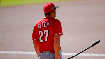 ATLANTA, GA - SEPTEMBER 30: Trevor Bauer #27 of the Cincinnati Reds warms up prior to Game One of the National League Wild Card Series between the Cincinnati Reds and Atlanta Braves at Truist Park on September 30, 2020 in Atlanta, Georgia. (Photo by Todd Kirkland/Getty Images)