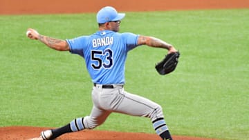 ST PETERSBURG, FLORIDA - JULY 10: Anthony Banda #53 of the Tampa Bay Rays delivers a pitch during a summer workout at Tropicana Field on July 10, 2020 in St Petersburg, Florida. (Photo by Julio Aguilar/Getty Images)