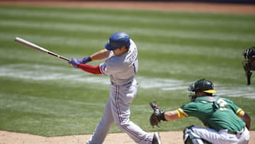 OAKLAND, CA - AUGUST 6: Shin-Soo Choo #17 of the Texas Rangers bats during the game against the Oakland Athletics at RingCentral Coliseum on August 6, 2020 in Oakland, California. The Athletics defeated the Rangers 6-4. (Photo by Michael Zagaris/Oakland Athletics/Getty Images)