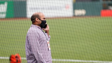 SAN FRANCISCO, CALIFORNIA - AUGUST 26: San Francisco Giants President of Baseball Operations, Farhan Zaidi, talks on the phone before the postponement of the game against the Los Angeles Dodgers at Oracle Park on August 26, 2020 in San Francisco, California.(Photo by Lachlan Cunningham/Getty Images)