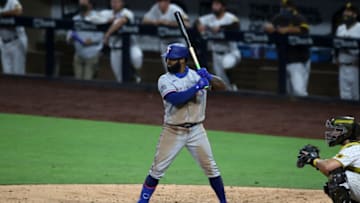 SAN DIEGO, CA - AUGUST 20: Danny Santana #38 of the Texas Rangers bats during the game against the San Diego Padres at Petco Park on August 20, 2020 in San Diego, California. The Padres defeated the Rangers 8-7. (Photo by Rob Leiter/MLB Photos via Getty Images)