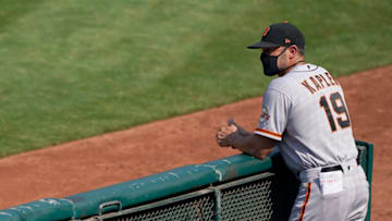 OAKLAND, CALIFORNIA - SEPTEMBER 20: Manager Gabe Kapler #19 of the San Francisco Giants looks on against the Oakland Athletics in the top of the six inning at RingCentral Coliseum on September 20, 2020 in Oakland, California. (Photo by Thearon W. Henderson/Getty Images)