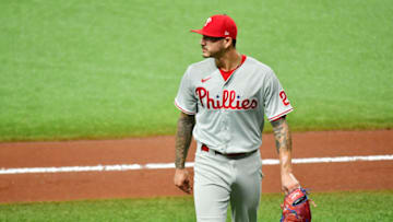 ST PETERSBURG, FLORIDA - SEPTEMBER 25: Vince Velasquez #21 of the Philadelphia Phillies walks off the field after the second inning against the Tampa Bay Rays at Tropicana Field on September 25, 2020 in St Petersburg, Florida. (Photo by Julio Aguilar/Getty Images)