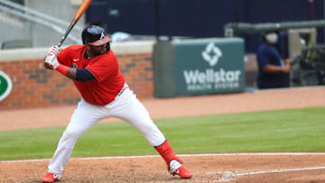 Pablo Sandoval #18 of Atlanta in action during a game against the Boston Red Sox at Truist Park on September 27, 2020 in Atlanta, Georgia. (Photo by Carmen Mandato/Getty Images)