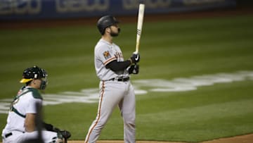 OAKLAND, CA - SEPTEMBER 18: Joey Bart #21 of the SF Giants bats during the game against the Oakland Athletics at RingCentral Coliseum on September 18, 2020 in Oakland, California. The Athletics defeated the Giants 6-0. (Photo by Michael Zagaris/Oakland Athletics/Getty Images)