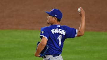 NEW YORK, NEW YORK - SEPTEMBER 15: Shun Yamaguchi #1 of the Toronto Blue Jays pitches during the second inning against the New York Yankees at Yankee Stadium on September 15, 2020 in the Bronx borough of New York City. (Photo by Sarah Stier/Getty Images)