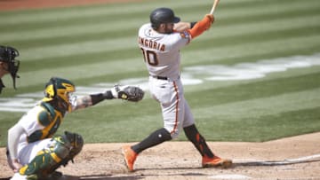OAKLAND, CA - SEPTEMBER 19: Evan Longoria #10 of the San Francisco Giants bats during the game against the Oakland Athletics at RingCentral Coliseum on September 19, 2020 in Oakland, California. The Athletics defeated the Giants 6-0. (Photo by Michael Zagaris/Oakland Athletics/Getty Images)