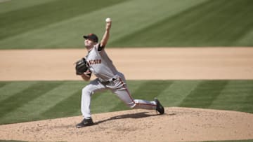 OAKLAND, CA - SEPTEMBER 19: Sam Selman #67 of the San Francisco Giants pitches during the game against the Oakland Athletics at RingCentral Coliseum on September 19, 2020 in Oakland, California. The Athletics defeated the Giants 6-0. (Photo by Michael Zagaris/Oakland Athletics/Getty Images)
