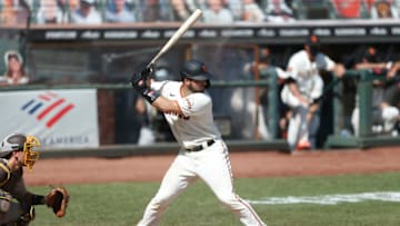 SF Giants catcher Joey Bart #21 bats against the San Diego Padres at Oracle Park on September 27, 2020. (Photo by Lachlan Cunningham/Getty Images)