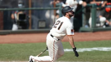 Joey Bart #21 of the SF Giants at bat against the San Diego Padres at Oracle Park on September 27, 2020. (Photo by Lachlan Cunningham/Getty Images)