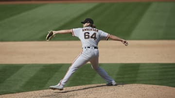 OAKLAND, CA - SEPTEMBER 20: Shaun Anderson #64 of the San Francisco Giants pitches during the game against the Oakland Athletics at RingCentral Coliseum on September 20, 2020 in Oakland, California. The Giants defeated the Athletics 14-2. (Photo by Michael Zagaris/Oakland Athletics/Getty Images)