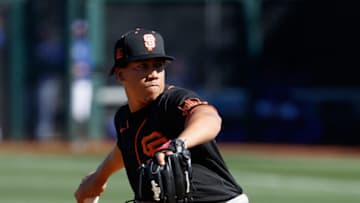 SF Giants Relief pitcher Dedniel Núñez #43 of the SF Giants pitches against the Texas Rangers during the fourth inning of the MLB spring training game on March 01, 2021 in Surprise, Arizona. (Photo by Christian Petersen/Getty Images)