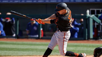 SURPRISE, ARIZONA - MARCH 01: Jason Krizan #72 outfield the San Francisco Giants bats against the Texas Rangers during the MLB spring training game on March 01, 2021 in Surprise, Arizona. (Photo by Christian Petersen/Getty Images)