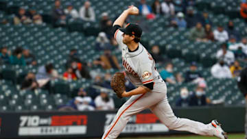 SEATTLE, WASHINGTON - APRIL 01: Kevin Gausman #34 of the SF Giants pitches against the Seattle Mariners in the first inning on Opening Day at T-Mobile Park on April 01, 2021 in Seattle, Washington. (Photo by Steph Chambers/Getty Images)
