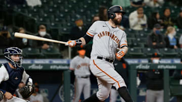 SEATTLE, WASHINGTON - APRIL 01: Brandon Belt #9 of the SF Giants at bat against the Seattle Mariners in the fourth inning on Opening Day at T-Mobile Park on April 01, 2021 in Seattle, Washington. (Photo by Steph Chambers/Getty Images)