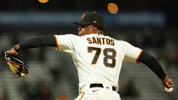 Gregory Santos #78 of the SF Giants pitches during his MLB debut during the sixth inning against the Miami Marlins at Oracle Park on April 22, 2021 in San Francisco, California. (Photo by Daniel Shirey/Getty Images)