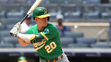 NEW YORK, NY - JUNE 19: Mark Canha #20 of the Oakland Athletics in action against the New York Yankees during a game at Yankee Stadium on June 19, 2021 in New York City. (Photo by Rich Schultz/Getty Images)