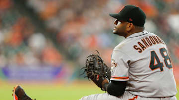HOUSTON, TX - MAY 23: Pablo Sandoval #48 of the San Francisco Giants sits near first base after makeing a play in the eighth inning against the Houston Astros at Minute Maid Park on May 23, 2018 in Houston, Texas. (Photo by Bob Levey/Getty Images)