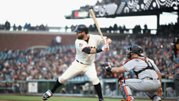 SAN FRANCISCO, CA - JUNE 19: Brandon Belt #9 of the San Francisco Giants bats against the Miami Marlins at AT&T Park on June 19, 2018 in San Francisco, California. (Photo by Ezra Shaw/Getty Images)