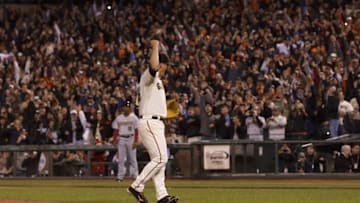 SAN FRANCISCO, CA - JUNE 13: Matt Cain #18 of the San Francisco Giants celebrates after pitching a perfect game against the Houston Astros at AT&T Park on June 13, 2012 in San Francisco, California. The San Francisco Giants defeated the Houston Astros 10-0. Matt Cain struck out a career-high 14 batters, and pitched a perfect game in what was the first in Giants franchise history. (Photo by Jason O. Watson/Getty Images)