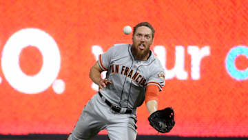 SAN DIEGO, CA - AUGUST 29: Hunter Pence #8 of the San Francisco Giants makes a diving catch on a ball hit by Yangervis Solarte #26 of the San Diego Padres during the seventh inning of a baseball game at PETCO Park on August 29, 2017 in San Diego, California. (Photo by Denis Poroy/Getty Images)