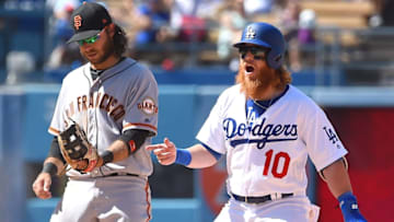 LOS ANGELES, CA - JULY 29: Justin Turner #10 of the Los Angeles Dodgers reacts after he was tagged out at second base on an attempted steal by Brandon Crawford #35 of the San Francisco Giants in the eighth inning at Dodger Stadium on July 29, 2017 in Los Angeles, California. Los Angeles Dodgers won 2-1. (Photo by Jayne Kamin-Oncea/Getty Images)