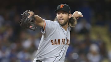 LOS ANGELES, CA - SEPTEMBER 23: Madison Bumgarner #40 of the San Francisco Giants throws a pitch in the fourth inning against the Los Angeles Dodgers at Dodger Stadium on September 23, 2017 in Los Angeles, California. (Photo by Stephen Dunn/Getty Images)