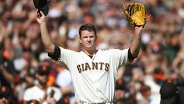 SAN FRANCISCO, CA - SEPTEMBER 30: Matt Cain #18 of the San Francisco Giants waves to the fans showing gratitude leaving the game after the top of the fourth inning against the San Diego Padres at AT&T Park on September 30, 2017 in San Francisco, California. This was Cains last pitching performance as he is retiring at the end of the season. (Photo by Thearon W. Henderson/Getty Images)