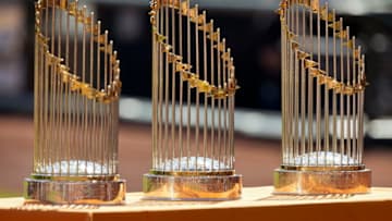 SAN FRANCISCO, CA - OCTOBER 4: Three of the San Francisco Giants World Series trophies sit on display during a retirement ceremony for pitcher Jeremy Affeldt