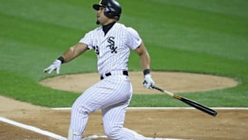 CHICAGO, IL - SEPTEMBER 26: Jose Abreu #79 of the Chicago White Sox hits his 32nd home run of the season, a solo shot in the 1st inning, against the Los Angeles Angels at Guaranteed Rate Field on September 26, 2017 in Chicago, Illinois. (Photo by Jonathan Daniel/Getty Images)