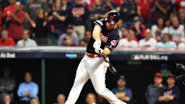 CLEVELAND, OH - OCTOBER 06: Jay Bruce #32 of the Cleveland Indians hits a solo home run in the eighth inning against the New York Yankees during game two of the American League Division Series at Progressive Field on October 6, 2017 in Cleveland, Ohio. (Photo by Jason Miller/Getty Images)
