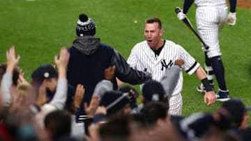 NEW YORK, NY - OCTOBER 17: Todd Frazier #29 of the New York Yankees celebrates after a go ahead run during the eighth inning against the Houston Astros in Game Four of the American League Championship Series at Yankee Stadium on October 17, 2017 in the Bronx borough of New York City. (Photo by Mike Stobe/Getty Images)