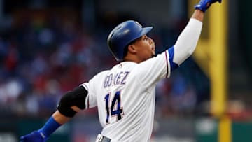 ARLINGTON, TX - SEPTEMBER 2: Carlos Gomez #14 of the Texas Rangers celebrates hitting a solo home run during the second inning of a baseball game against the Los Angeles Angels of Anaheim at Globe Life Park September 2, 2017 in Arlington, Texas. (Photo by Brandon Wade/Getty Images)
