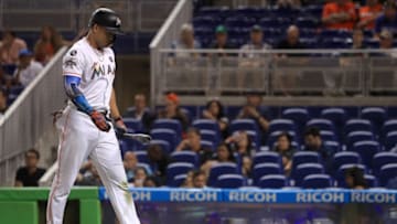MIAMI, FL - SEPTEMBER 04: Giancarlo Stanton #27 of the Miami Marlins reacts after striking out during a game against the Washington Nationals at Marlins Park on September 4, 2017 in Miami, Florida. (Photo by Mike Ehrmann/Getty Images)