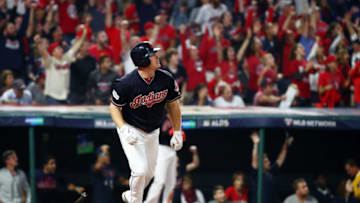 CLEVELAND, OH - OCTOBER 06: Jay Bruce #32 of the Cleveland Indians runs the bases after hitting a solo home run in the eighth inning against the New York Yankees during game two of the American League Division Series at Progressive Field on October 6, 2017 in Cleveland, Ohio. (Photo by Gregory Shamus/Getty Images)