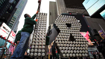 NEW YORK, NY - DECEMBER 13: Workers unload the numerals 1 and 8 as they arrive in Times Square ahead of the New Year's Eve celebration, arrive in Times Square, December 13, 2017 in New York City. The '18' numerals will be part of the '2018' sign that will light up light up above Times Square at midnight on December 31 to ring in the new year. (Photo by Drew Angerer/Getty Images)