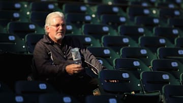 SAN FRANCISCO - OCTOBER 13: San Francisco Giants general manager Brian Sabean sits in the stands during a workout session in preparation for the National League Championship Series at AT