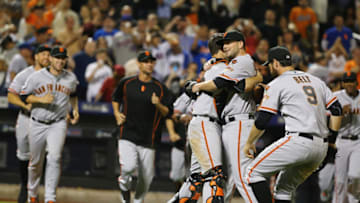 NEW YORK, NY - JUNE 09: Chris Heston #53 of the San Francisco Giants celebrates his no hitter with teamates against the New York Mets after their game at Citi Field on June 9, 2015 in New York City. (Photo by Al Bello/Getty Images)