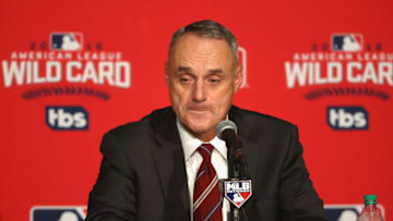 TORONTO, ON - OCTOBER 04: Commissioner of Baseball Rob Manfred reacts during a press conference prior to the American League Wild Card game between the Toronto Blue Jays and the Baltimore Orioles at Rogers Centre on October 4, 2016 in Toronto, Canada. (Photo by Tom Szczerbowski/Getty Images)