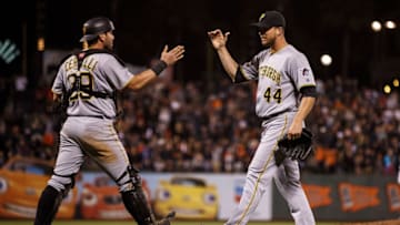 SAN FRANCISCO, CA - AUGUST 16: Tony Watson #44 of the Pittsburgh Pirates celebrates with Francisco Cervelli #29 after the game against the San Francisco Giants at AT&T Park on August 16, 2016 in San Francisco, California. The Pittsburgh Pirates defeated the San Francisco Giants 4-3. (Photo by Jason O. Watson/Getty Images)