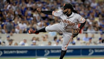 LOS ANGELES, CA - APRIL 16: Johnny Cueto #47 of the San Francisco Giants follows through on a pitch during the sixth inning of a game against the Los Angeles Dodgers at Dodger Stadium on April 16, 2016 in Los Angeles, California. The San Francisco Giants defeated the the Los Angeles Dodgers 4-3. (Photo by Sean M. Haffey/Getty Images)