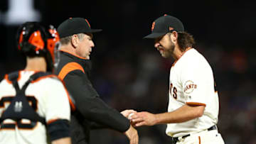 SAN FRANCISCO, CA - JULY 20: Madison Bumgarner #40 of the San Francisco Giants is taken out of the game by manager Bruce Bochy after he gave up a home run in the seventh inning against the San Diego Padres at AT&T Park on July 20, 2017 in San Francisco, California. (Photo by Ezra Shaw/Getty Images)